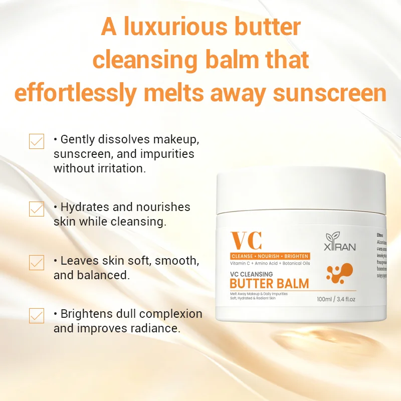 VC cleansing butter balm container with benefits highlighted, including hydration, makeup removal, and skin brightening.